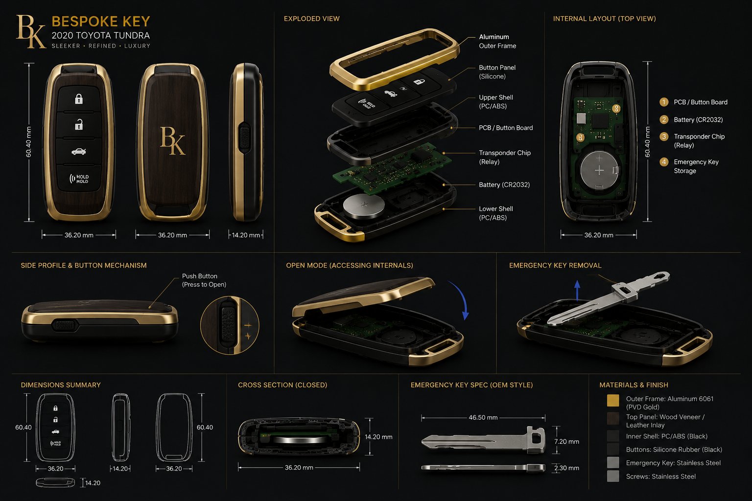 Bespoke Key product diagram showing exploded view, internal layout, and material specifications