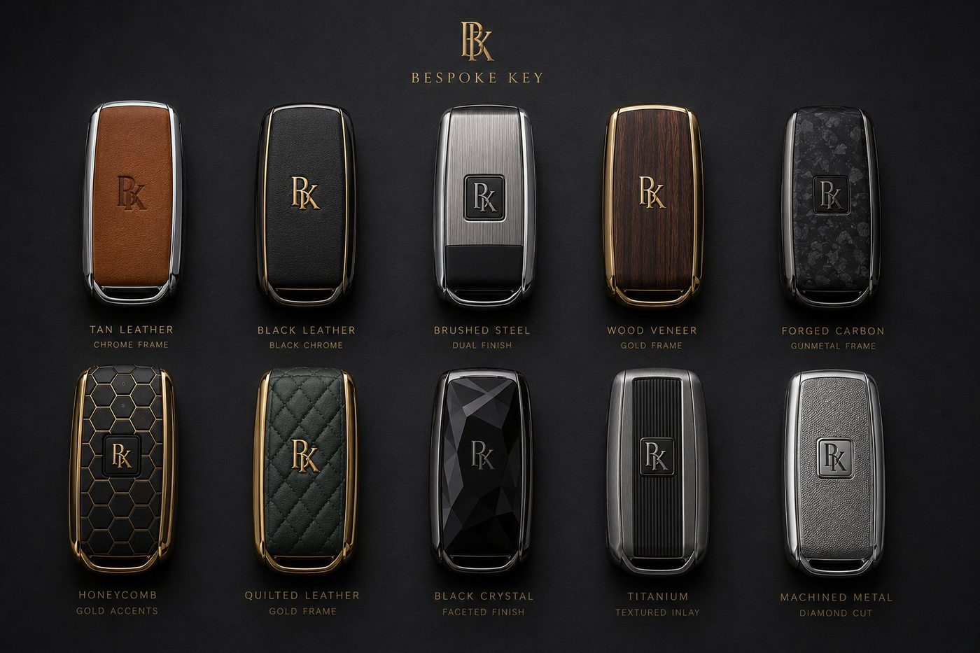Bespoke Key Collection, ten distinct expressions: Tan Leather, Black Leather, Brushed Steel, Wood Veneer, Forged Carbon, Honeycomb, Quilted Leather, Black Crystal, Titanium, Machined Metal